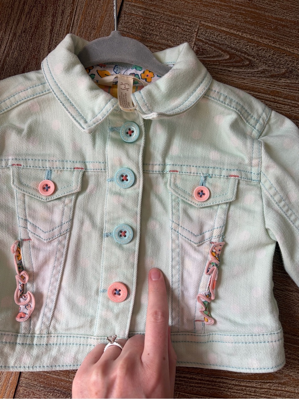 Matilda Jane Pastel Mint Green Girls' Jean Jacket with Floral Trim - Picture 4 of 5